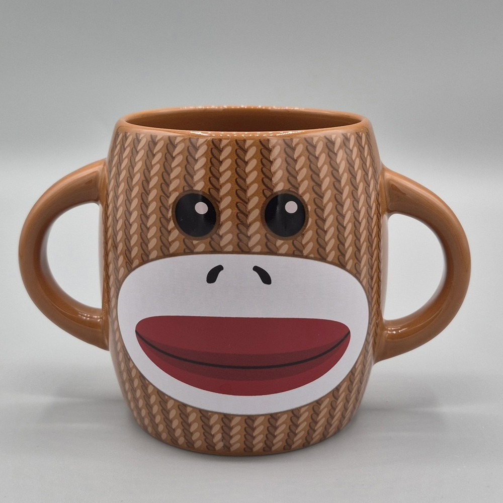 Galerie Coffee Cup Tea Mug Sock Monkey Double Sided Two Handles Brown 4"